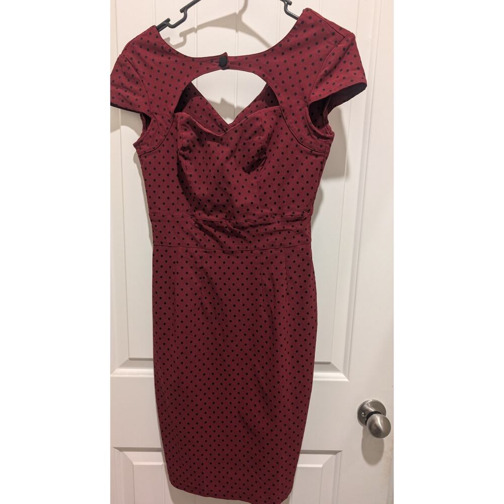 Hell Bunny Vixen Red Black Polka Dot Sheath Dress Sweetheart Cap Sleeve MD